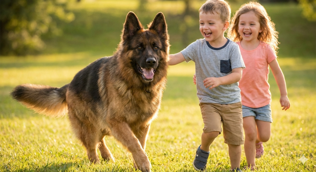 বাচ্চাদের সাথে খেলাধুলা করছে একটি শান্ত জার্মান শেফার্ড কুকুর